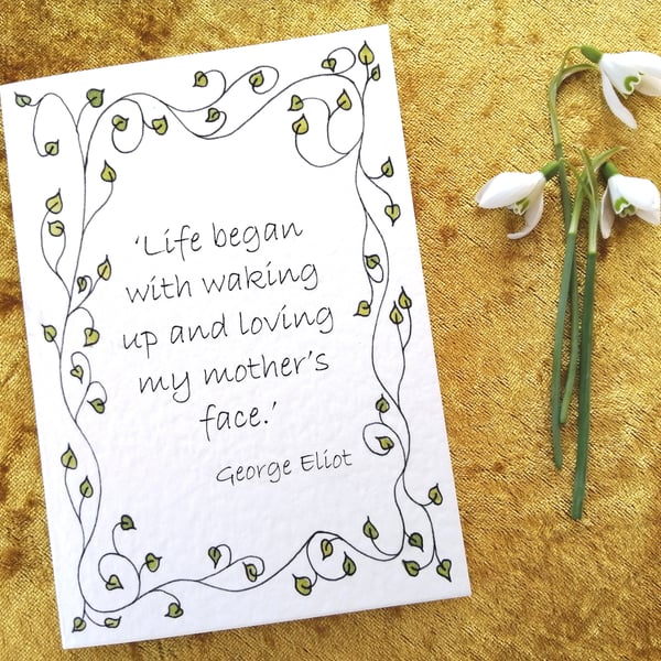 Greetings card with George Eliot quote and original leaves design