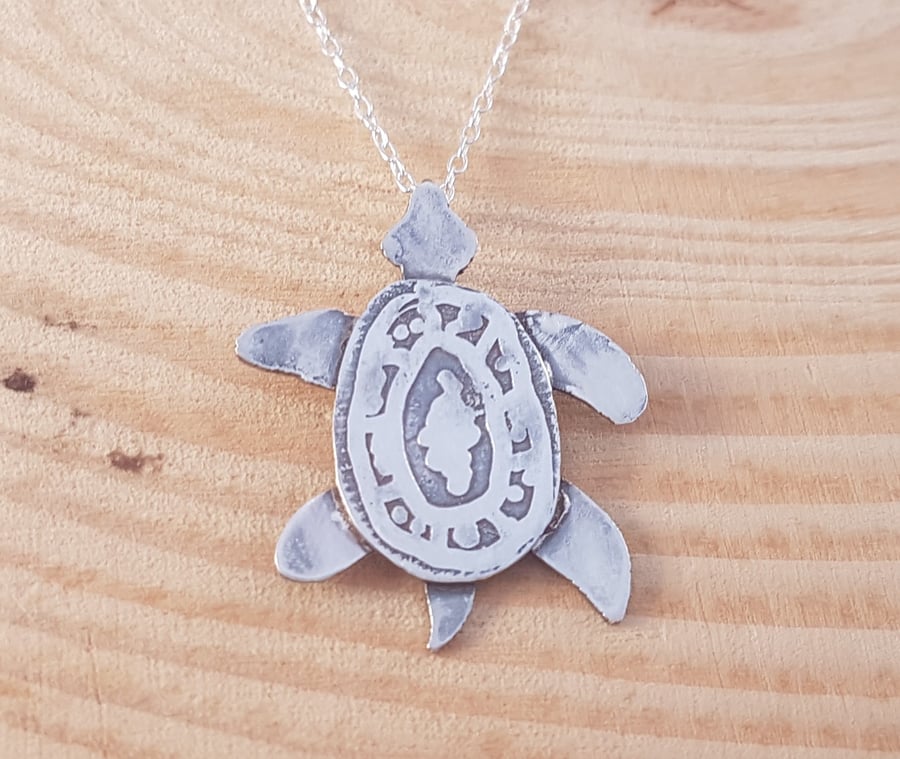 Sterling Silver Etched Turtle Necklace