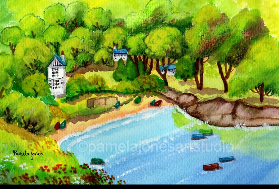 Combe Martin, Devon, Watercolour Print, in 14 x 11 '' Mount, Gift for Mum, Beach