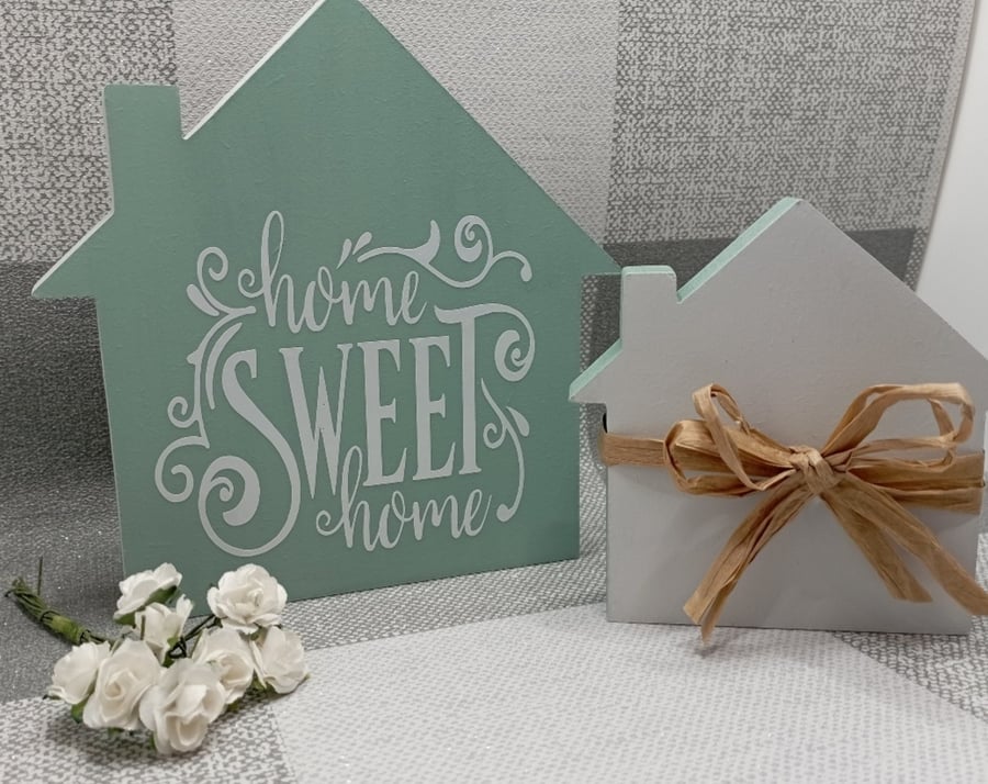 Home sweet home set of 2 wooden houses, housewarming gift for friends or family,