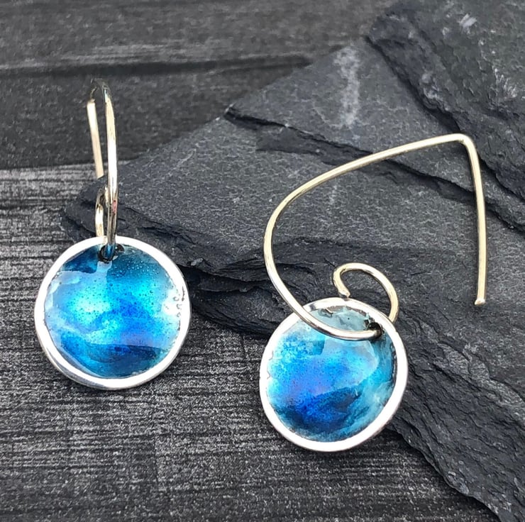 Blue Enamel Earrings, round blue earrings, enam... - Folksy