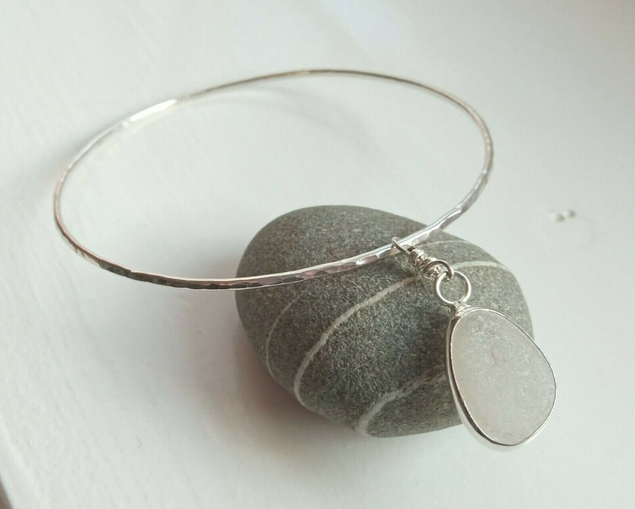 Recycled Sterling Silver Hammered Sparkle Bangle & White Seaglass Charm Medium
