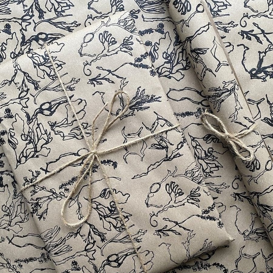 Seaweed wrapping paper. Hand Printed on 100% recycled Wrapping Paper. Gift Wrapp