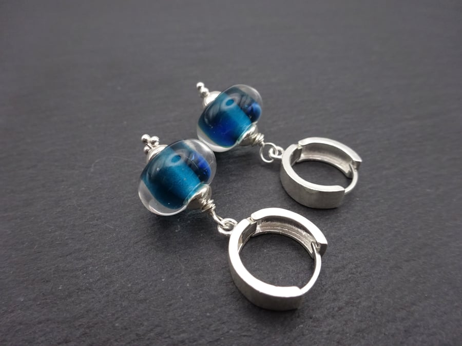 blue lampwork glass earrings, sterling silver hoops
