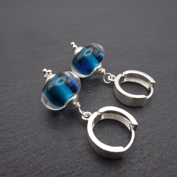 blue lampwork glass earrings, sterling silver hoops