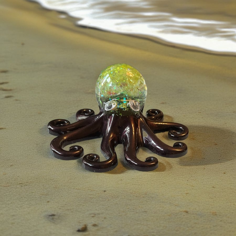 Handmade Resin Octopus Ornament – Sparkling Green Sea Creature – Coastal Ocean D