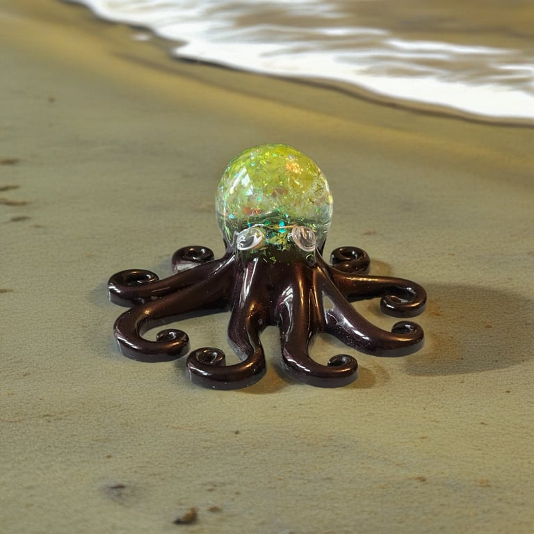 Handmade Resin Octopus Ornament – Sparkling Green Sea Creature – Coastal Ocean D