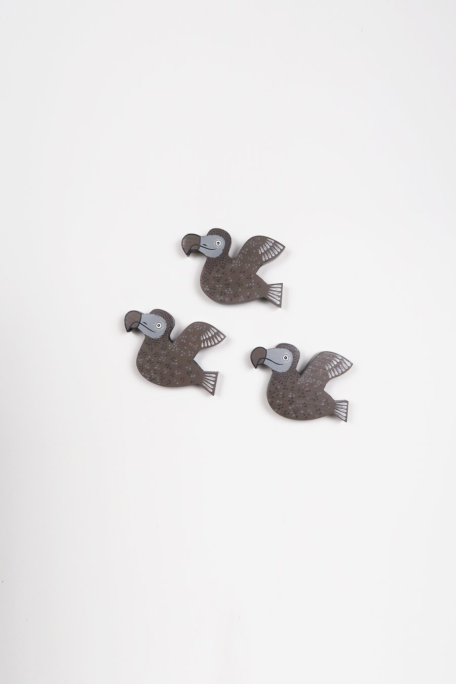 Flying dodo wall hangings, set of 3 funny bird ornaments, grey home decor.