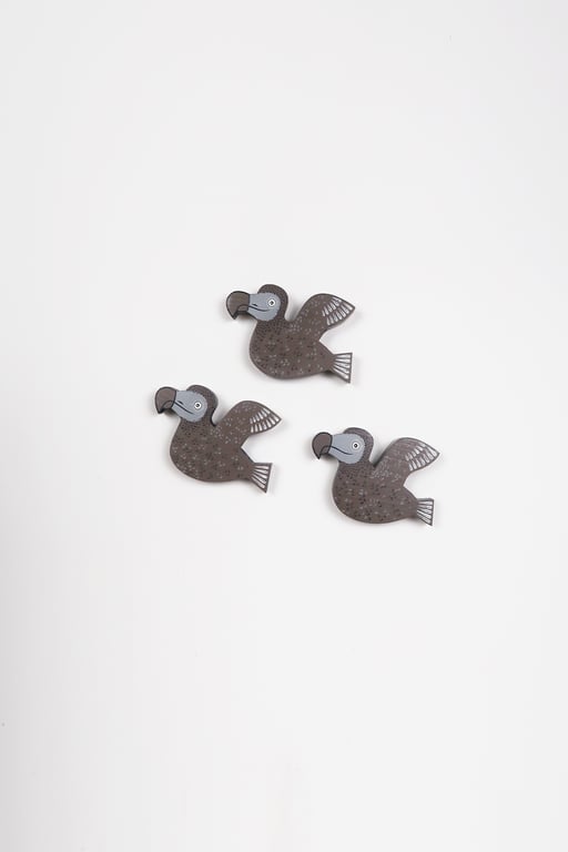 Flying dodo wall hangings, set of 3 funny bird ornaments, grey home decor.