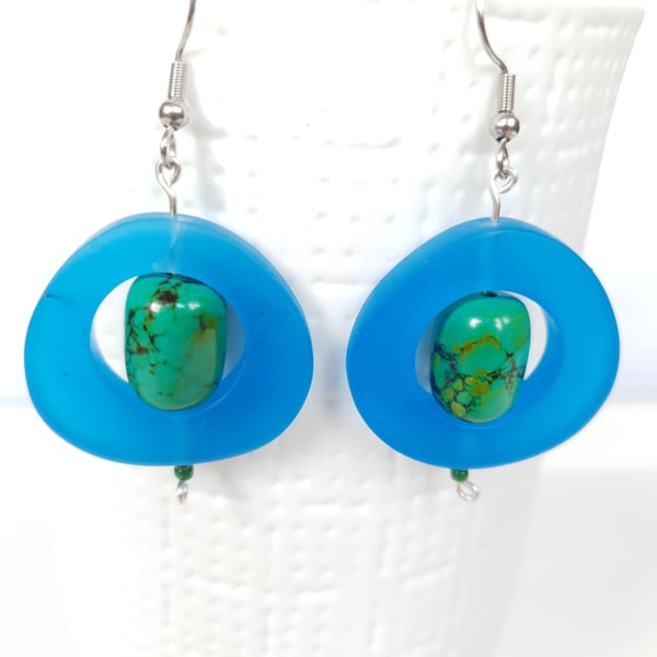 Upcycled Earrings Boho Dangle Acrylic & Magnesite Colourful Blue Green Earrings 