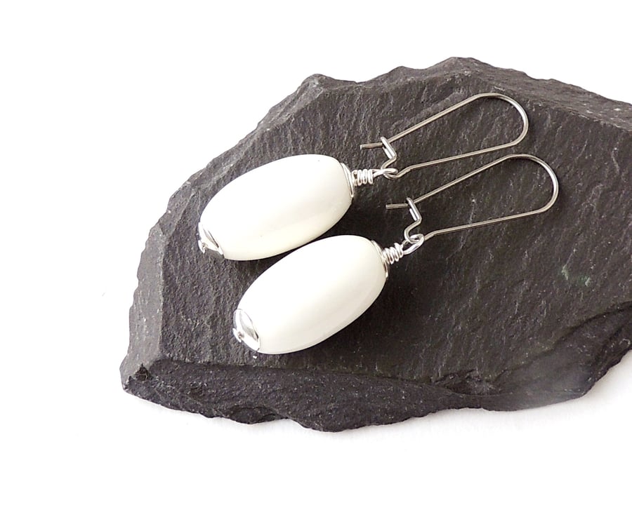 White Drop Earrings, Stainless Steel Ear Wires - 288