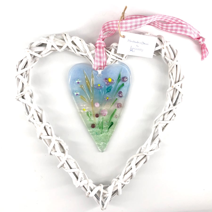 Fused Glass Heart with Delicate Pink Flowers in Wicker Hanging Heart on Ribbon
