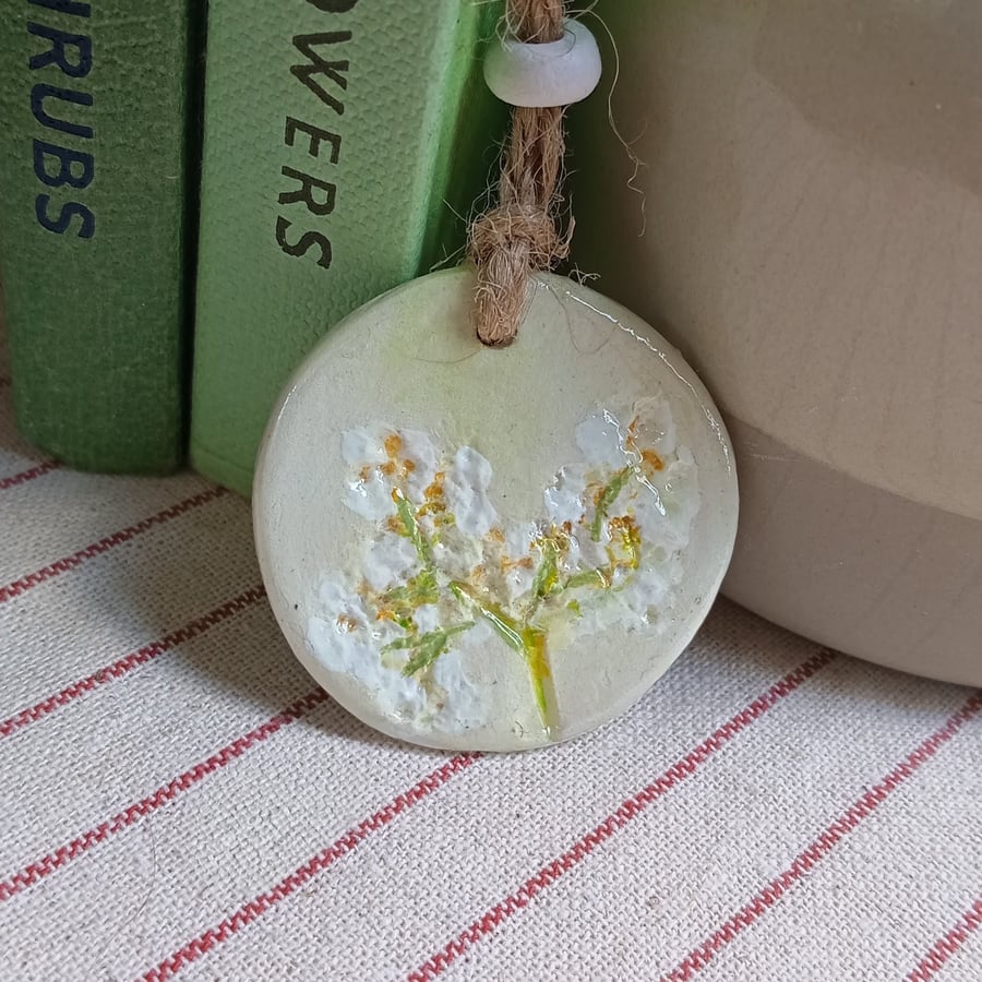 Meadowsweet clay imprinted and hand painted gift tag 