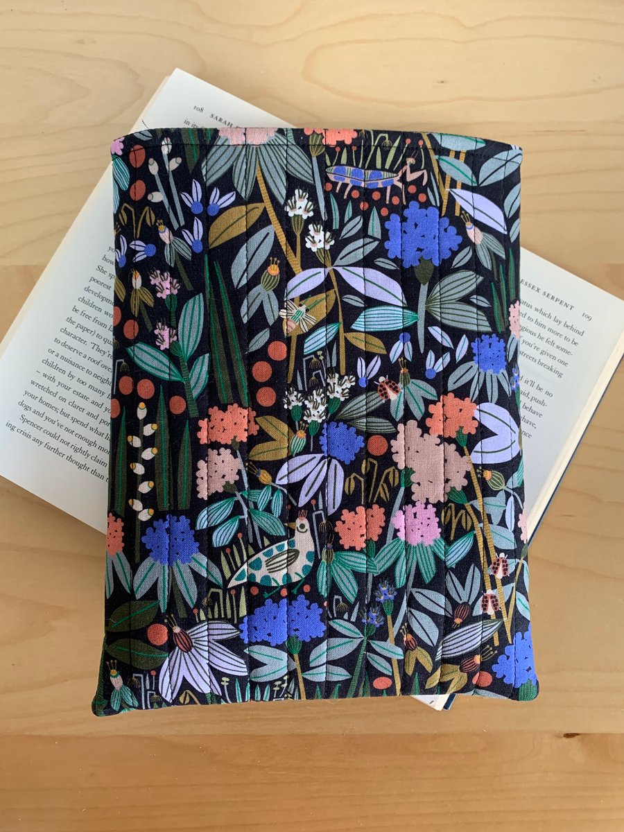 Flowers and Garden Creatures Print Quilted Fabric Book Sleeve - Hardback Size