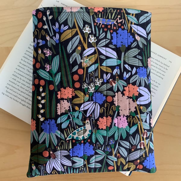 Flowers and Garden Creatures Print Quilted Fabric Book Sleeve - Hardback Size