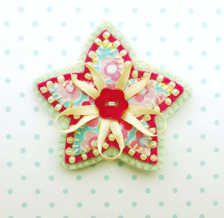 Star Flower Brooch, handmade fabric applique brooch pin
