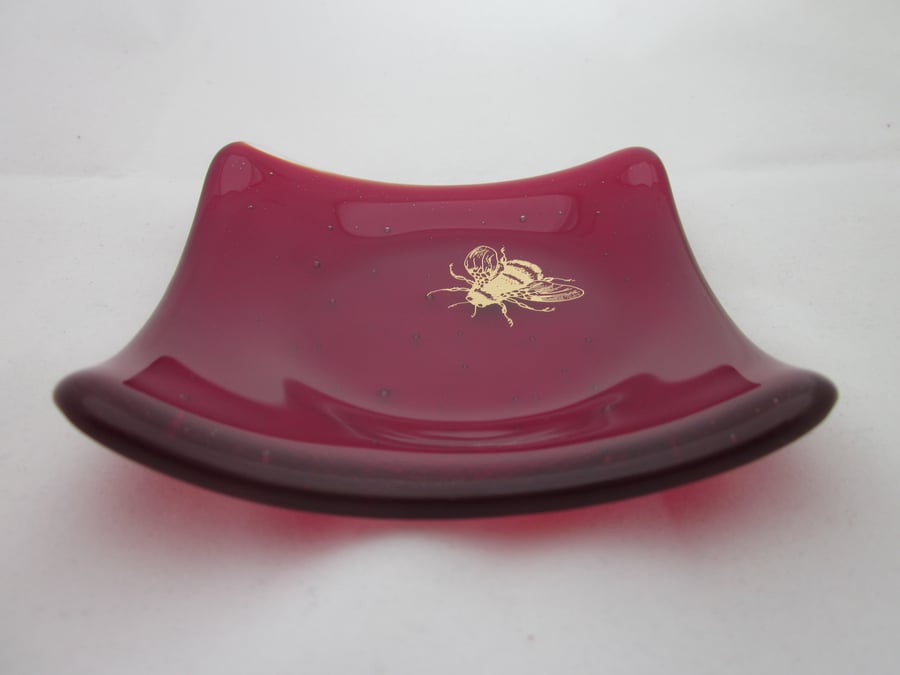 Handmade fused glass trinket bowl or soap dish - gold bee on transparent red