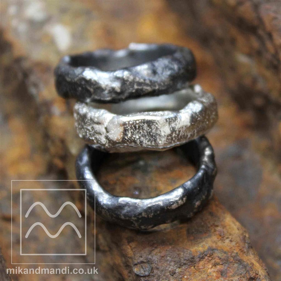 Big Rock Oxidised Raw Ring Solid Sterling Silver Band Molten Organic Silver