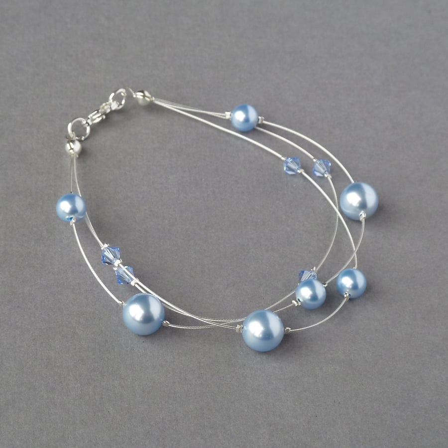 Pale Blue Floating Pearl Bracelet - Light Blue Bridesmaid Jewellery - Wedding