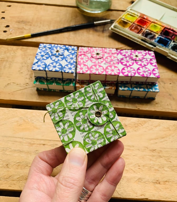 Tiny Watercolour Sketchbook with Hand-printed Floral cover. Green.