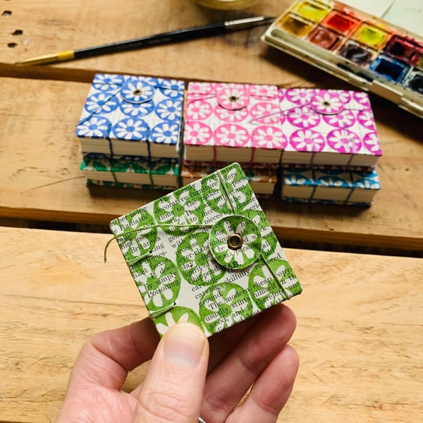 Tiny Watercolour Sketchbook with Hand-printed Floral cover. Green.