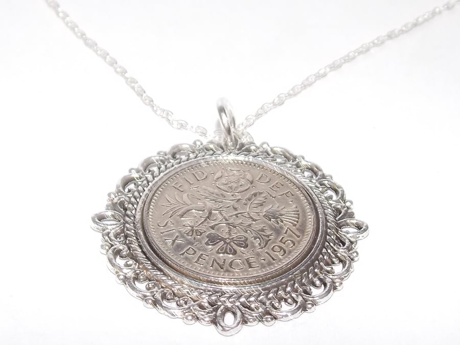 Lucky sixpence 64th Birthday plus a Sterling Silver 24in Chain 1957 Fancy 