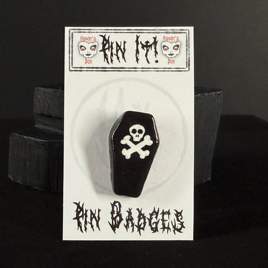 Pin It! Coffin With Skull And Cross Bones Cold Porcelain Pin Badge 