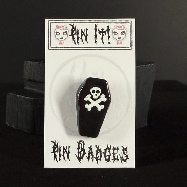Pin It! Coffin With Skull And Cross Bones Cold Porcelain Pin Badge 