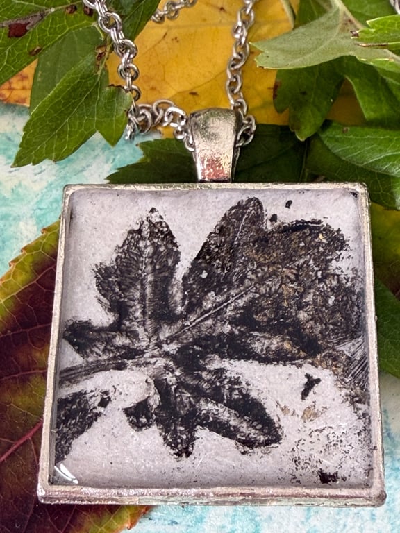 Botanical hawthorne Pendant, wearable art, silver grey and black necklace 