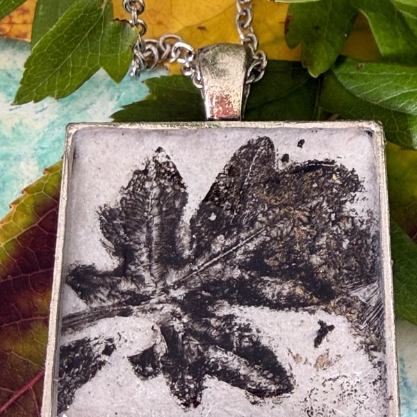 Botanical hawthorne Pendant, wearable art, silver grey and black necklace 