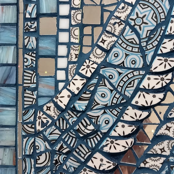 BLUE Abstract MOSAIC wall decoration. Mirrors. Recycled tableware.