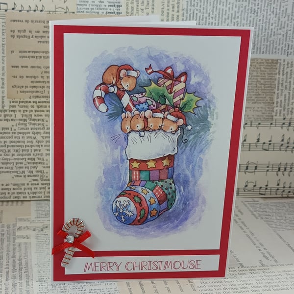 Cute mice in stocking Christmas card