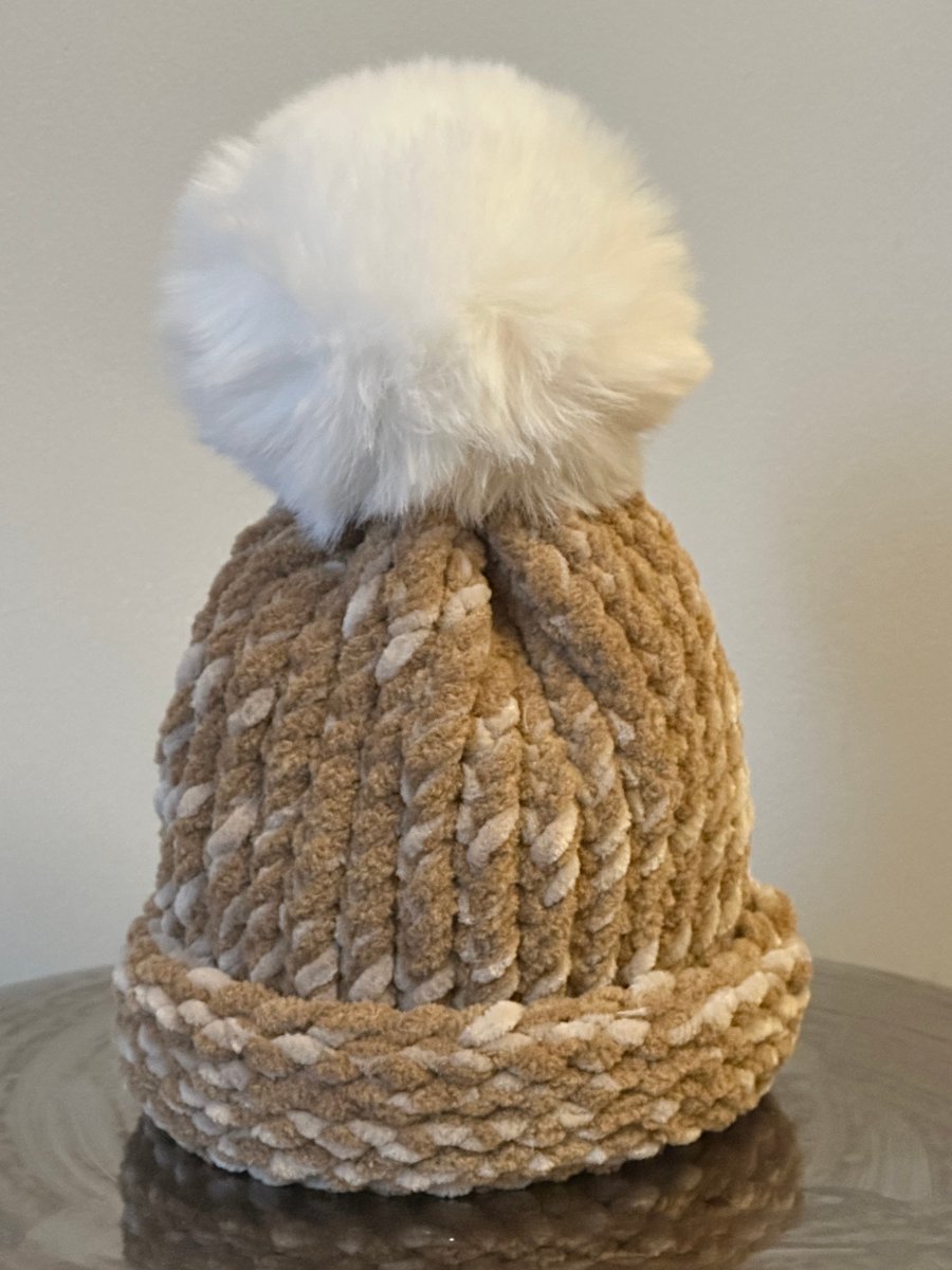Handmade Caramel and Cream Hat with Pom Pom 
