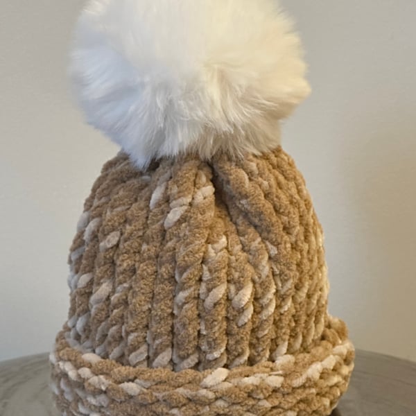 Handmade Caramel and Cream Hat with Pom Pom 