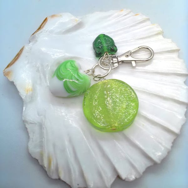 Green Cat Coin Bead and Ceramic Heart Bag Charm, End of Term Gift, Gift for Her