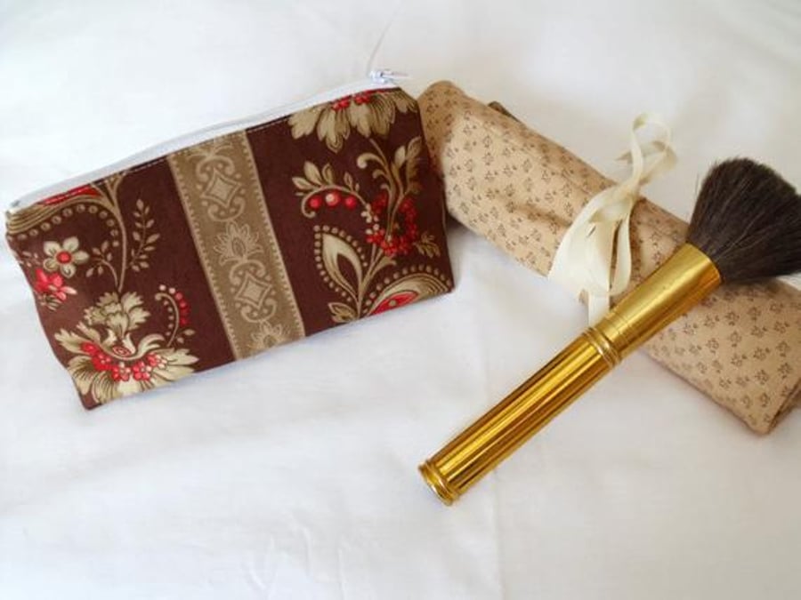 brown and beige floral make up gift set, toiletry bag and make up brush holder