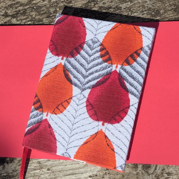 Handmade A5 Journal with 1950's Red Autumn Leaf Design Vintage Barkcloth Fabric