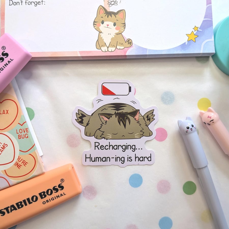 Low Battery Cat Sticker, Recharging Introvert Decal, Funny Laptop Vinyl