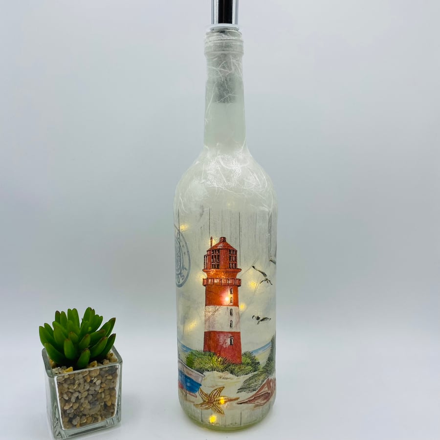 Seaside themed Bottle with lights, Lighthouse bottle light