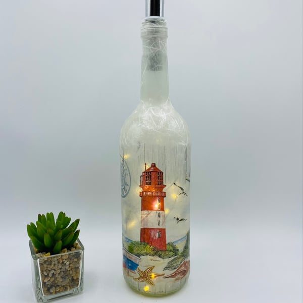 Seaside themed Bottle with lights, Lighthouse bottle light