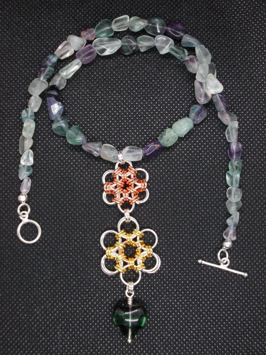 Fluorite necklace with Japanese flower chainmaille pendant
