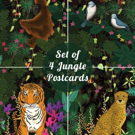 Set of Four Jungle Postcards, together they make a Jungle Scene!