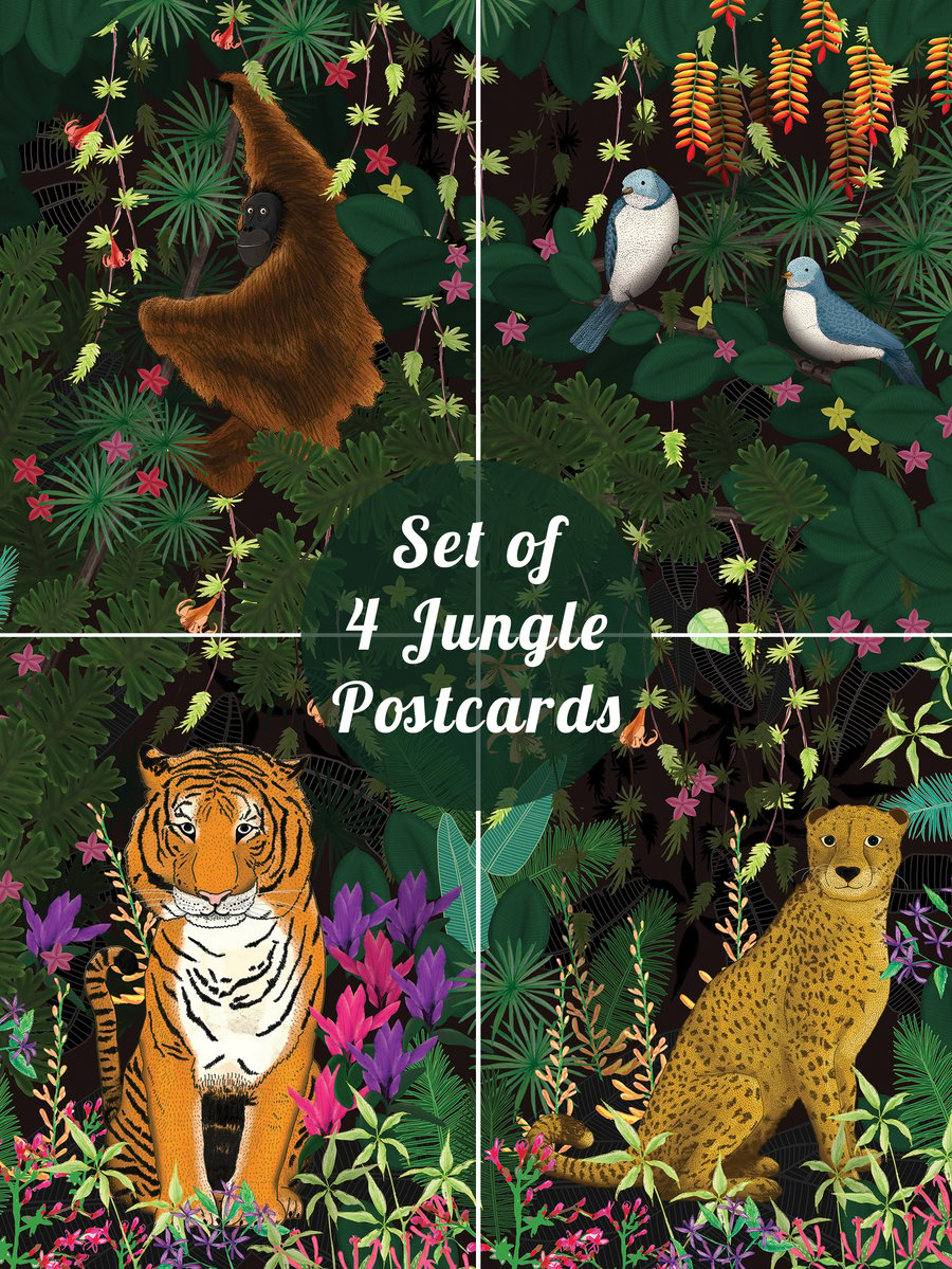 Set of Four Jungle Postcards, together they make a Jungle Scene!
