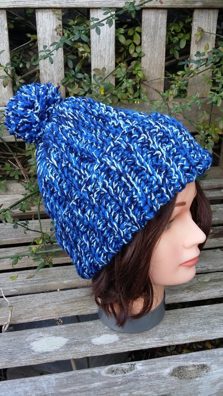 Crochet rib effect bobble hat in shades of blue. Seconds Sunday