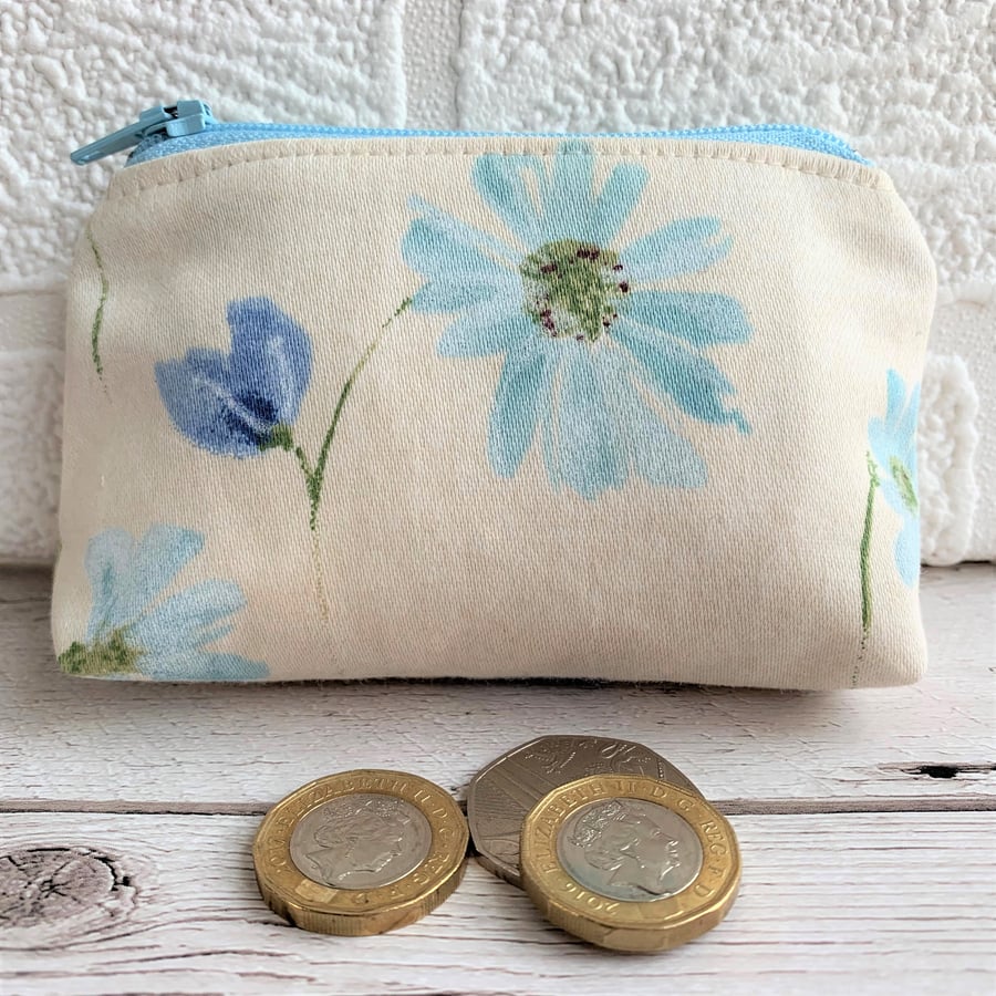 Small floral purse, coin purse with pastel blue flowers