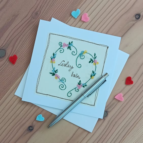 Personalised Wedding or Engagement Card with Embroidered Botanical Heart