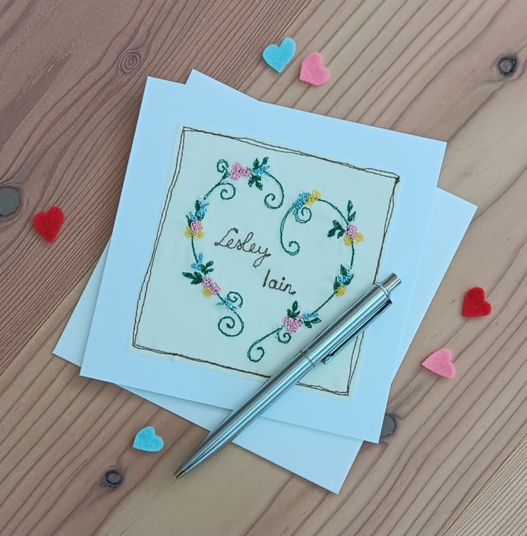 Personalised Wedding or Engagement Card with Embroidered Botanical Heart