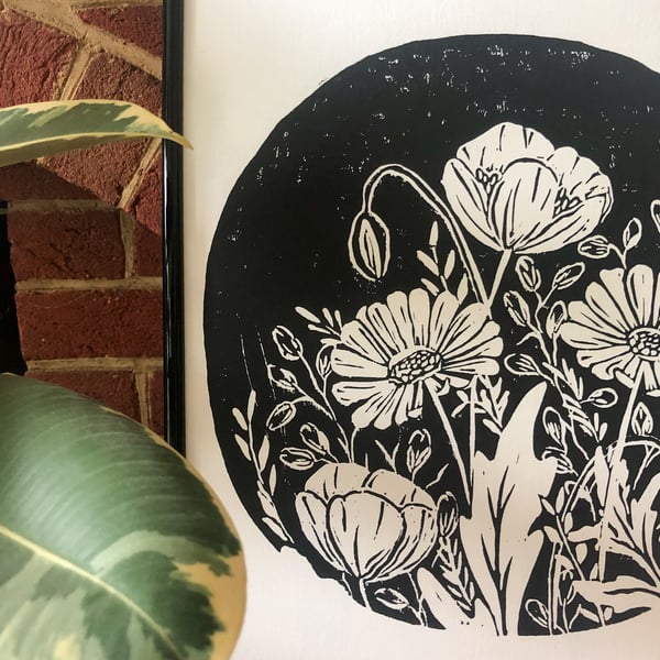 Botanical Lino Print - Hand Cut Daisy Lino Print A3, Printed to Order