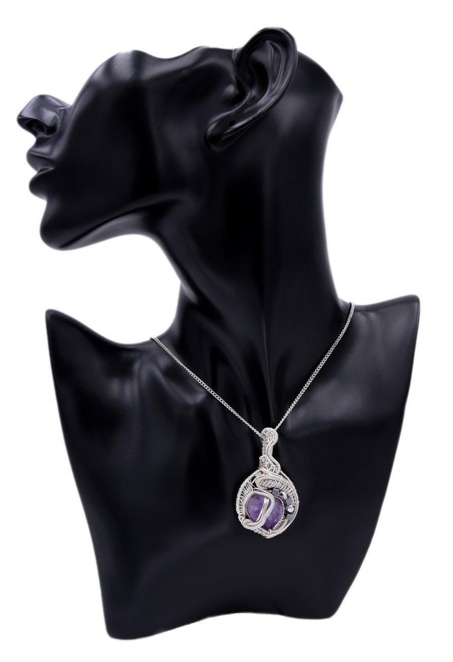 Pendant - silver plated wire wrapped amethyst