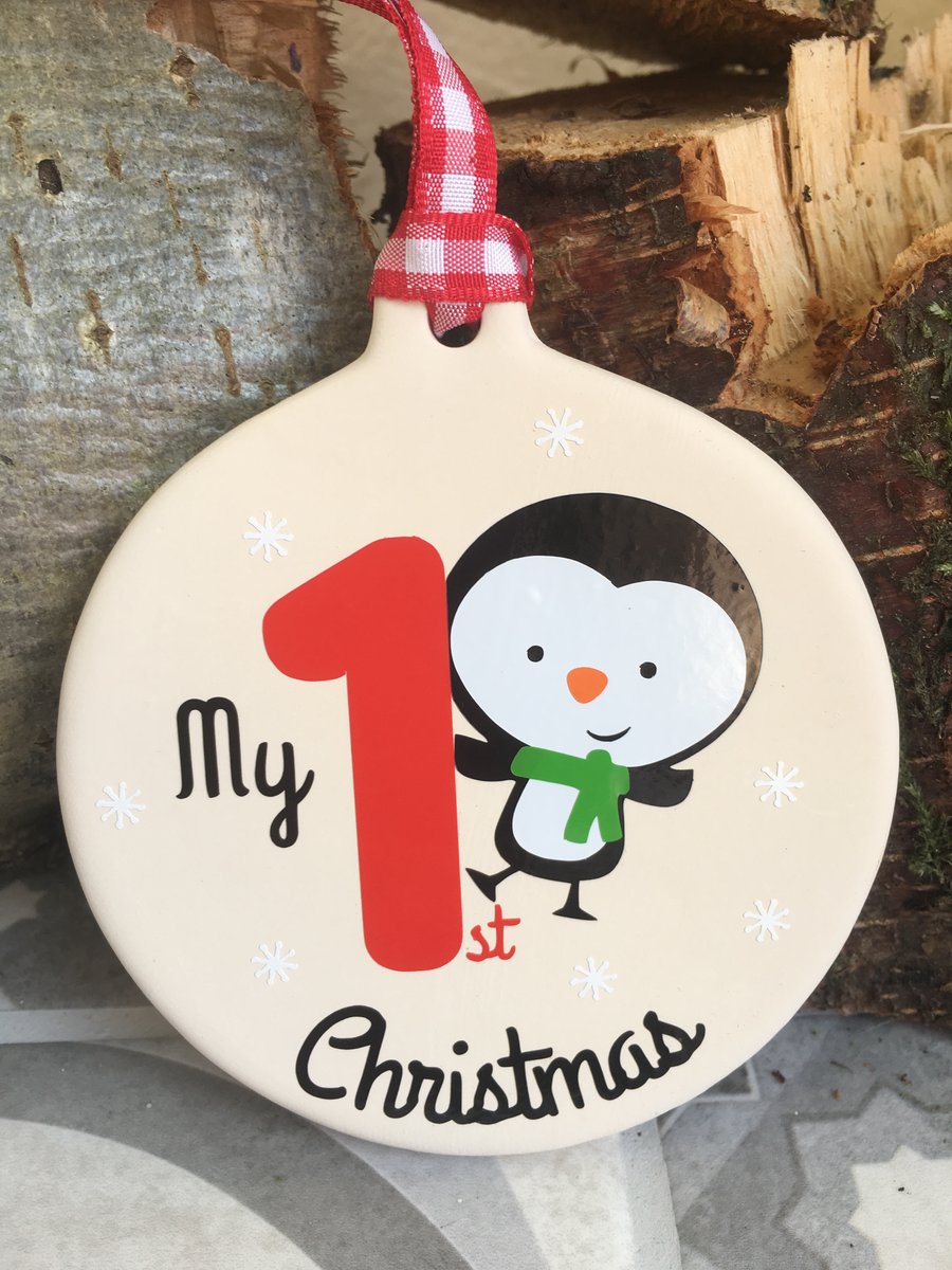 First Christmas Ceramic Bauble, Penguin Bauble, Personalised